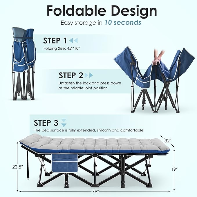 Suteck Camping Cot, 32In XXL Folding Camping Cot Heavy Duty Sleeping Bed for Adults 1200D Double Layer Oxford Cots for Camping W/Pilllow Mattress Carry Bag for Home Office Nap Beach Travel, 500LBS