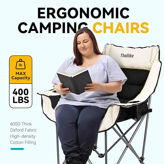 Oversized Camping Chair, Portable Folding Padded Camping Chairs with Cup Holder and Carry Bag, Heavy Duty Outdoor Camping Chairs for Adults, Up to 400Lb, for Fishing (Black-2 Pack)