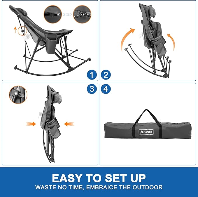 Oversized Camping Chair for Adults, Lawn Chairs Outdoor Fold up, Rocking Camping Chairs with Pillow for Picnic, Heavy-Duty 600D Oxford Cloth with Cup Holder, 350 Pound Capacity, Grey.
