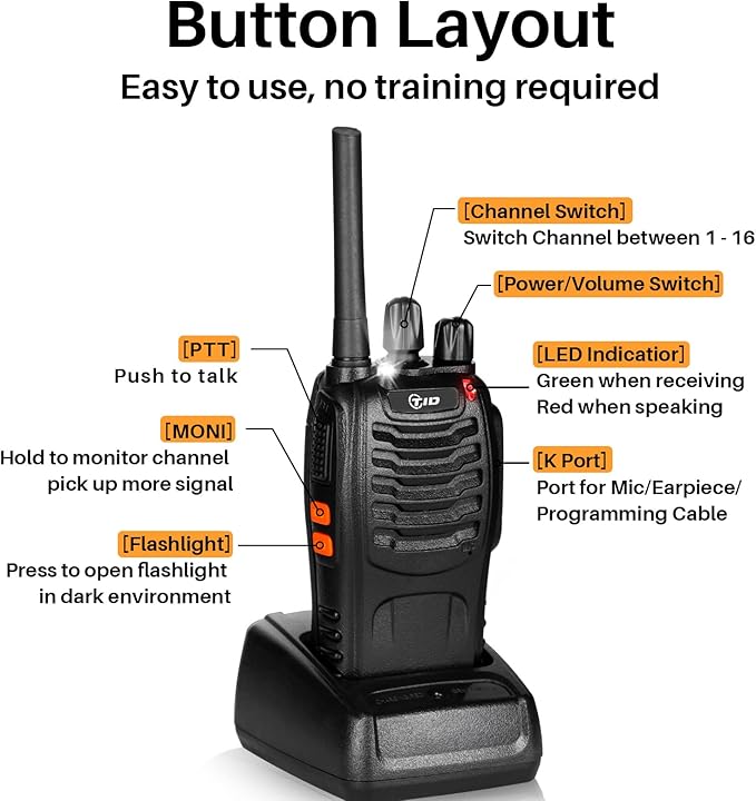 TIDRADIO TD-V2 Walkie Talkies for Adults with Earpiece and 8 Battery 2 Way Radios Walkie Talkies Long Range with Flashilght Two Way Radio Rechargeable for Business or Family (4 Pack)