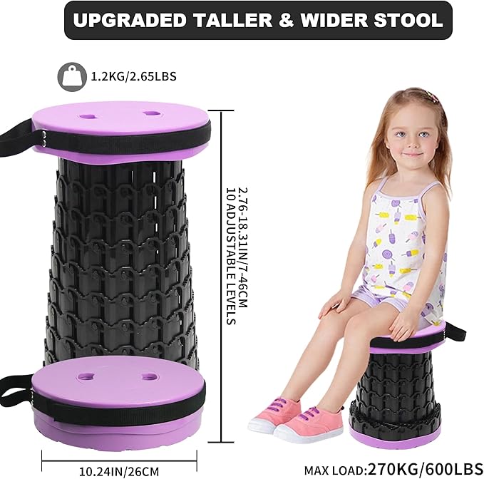 ALEVMOOM Collapsible Stool with Cushion, H18.1 D10.24 Portable Telescoping More Sturdy Load Capacity 600Lbs, Retractable Adjustable Camping Folding Stool for Outdoor Hiking BBQ Climb