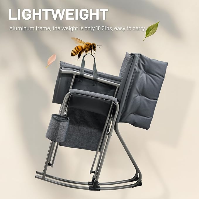 EVER ADVANCED Lightweight Rocking Chair Outdoor, Padded Rocker Camping Chair for Adults, Portable Hard Armchair for Patio and Lawn, Grey