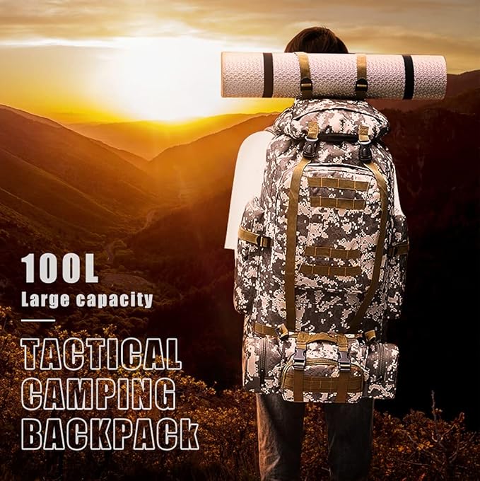 100L Camping Hiking Backpack,Molle military Tactical rucksack backpack,Waterproof Lightweight Hiking Backpack (Woodland Camo-C)