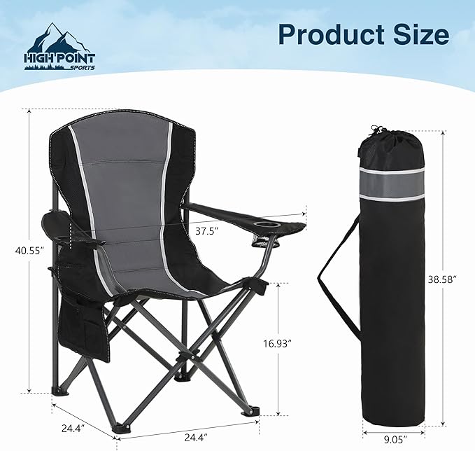 HIGH POINT SPORTS Oversized Camping Folding Outdoor Chair with Armrest, Collapsible Portable Lawn Chair with Cup Holder for Adults Support 350 LBS, Gray-Black