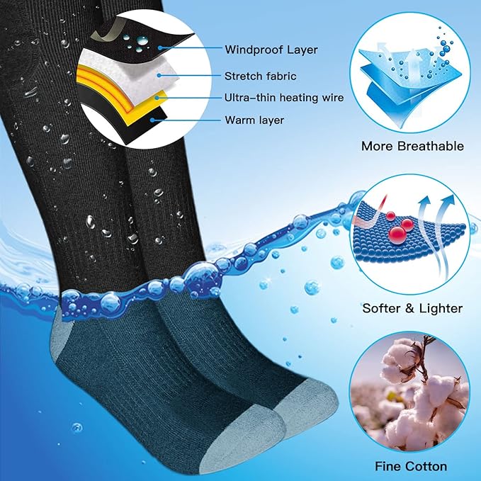 Heated Socks, 3 Heating Temperature Adjustable Rechargeable Electric Foot Warmer Socks Men Women Winter Socks for Camping | Hiking | Skiing | Hunting, Black