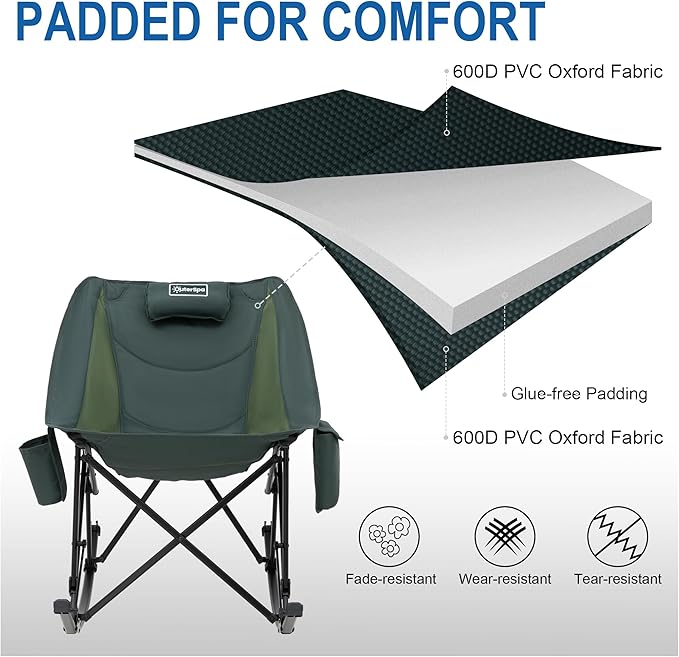 Oversized Rocking Camping Chair for Adults Heavy Duty,Padded Outdoor Rocking Chair Lawn Chairs Portable Rocking Camp Chairs with Side Pocket and Carry Bag for Indoor,Beach,Camp,Lawn,Outdoor
