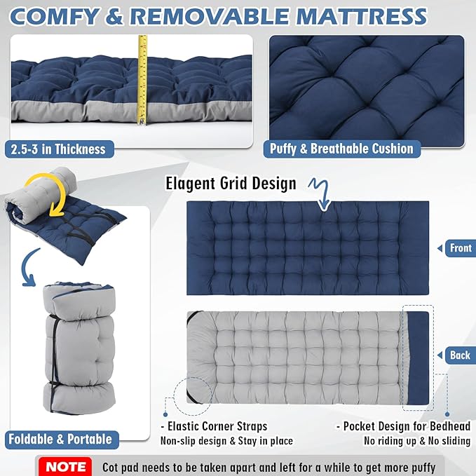 Oversized Folding Camping Cot 32inch w/Mattress, Heavy Duty Portable Sleeping Cot with Carry Bag, Double Layer Oxford Travel Camp Cots for Outdoors & Indoors, Suit for Adults Kids ,Navy/Grey