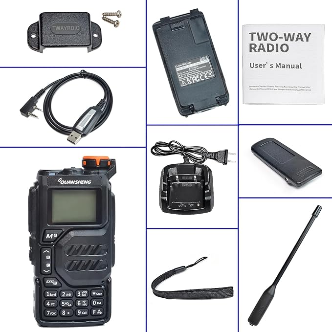 TWAYRDIO Quansheng UV-K5 NOAA Emergency Weather Receiver with Programming Cable and Radio Holder, 5W VHF UHF Dual Band Two Way Radio, AM/FM Airband Receiving Walkie Talkie