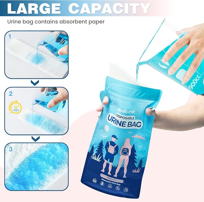 SUNBURST Disposable Urine Bag Pee Bags for Travel for Women and Men,12PCS Unisex Travel Urinal Bags,Portable Urinal Bag and Vomit Bags,Portable Toilet Bag for Travel,Camping,Pregnant,Patient, Kids