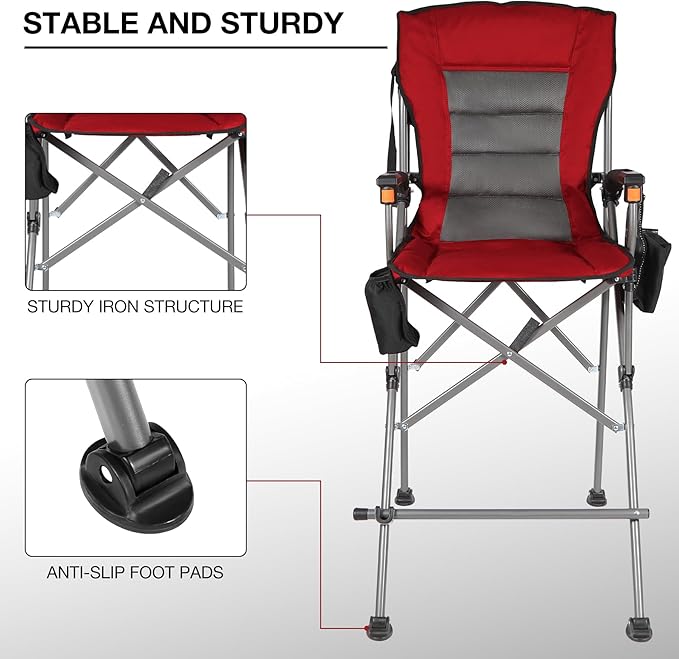 Extra Tall Folding Chairs for Adults 330lbs, Portable Bar Height Foldable Director Chairs for Camping Outside, Comfortable with Makeup Pocket, High Back and Footrest,Red