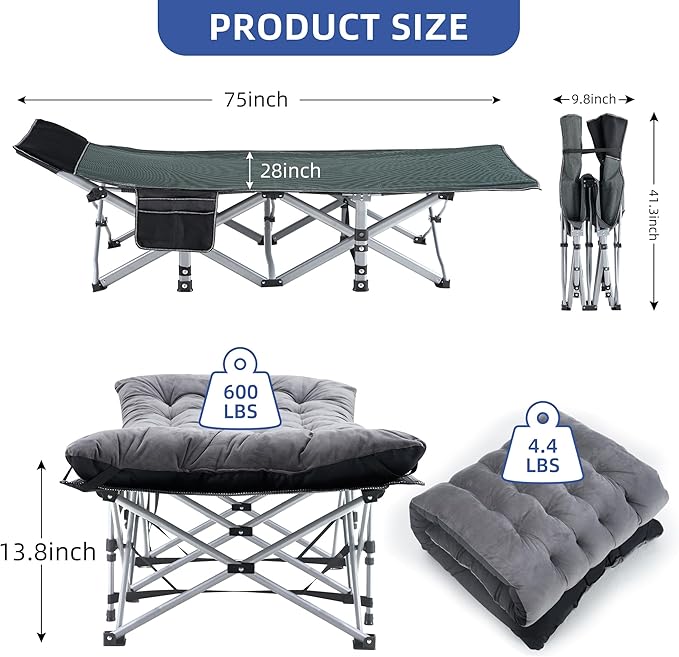 Camping Cot, Sleeping Cots for Adults, Portable Camping cots with Mattress, Pillow and Carry Bag, 1200D Double Layer Oxford, 600 LBS Weight Capacity Cots for Sleeping(Grey+Black)