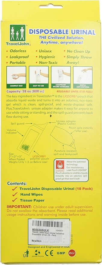 Disposable Urinal for All Genders, Adults, and Children (18 Pack) Designed for Emergencies, Travel, Camping, Car Rides, and more (TJ1A-C)