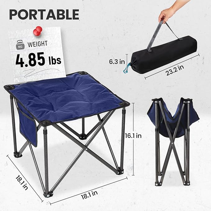 FUNDANGO Folding Camping Stool, 2 Pack 18.1 Inch Oversized Foot Stools 400 Lbs Heavy Duty Portable Padded Seat Anti-Slip Foots & Carry Bag for Fishing Outdoor Lawn Travel (Blue)
