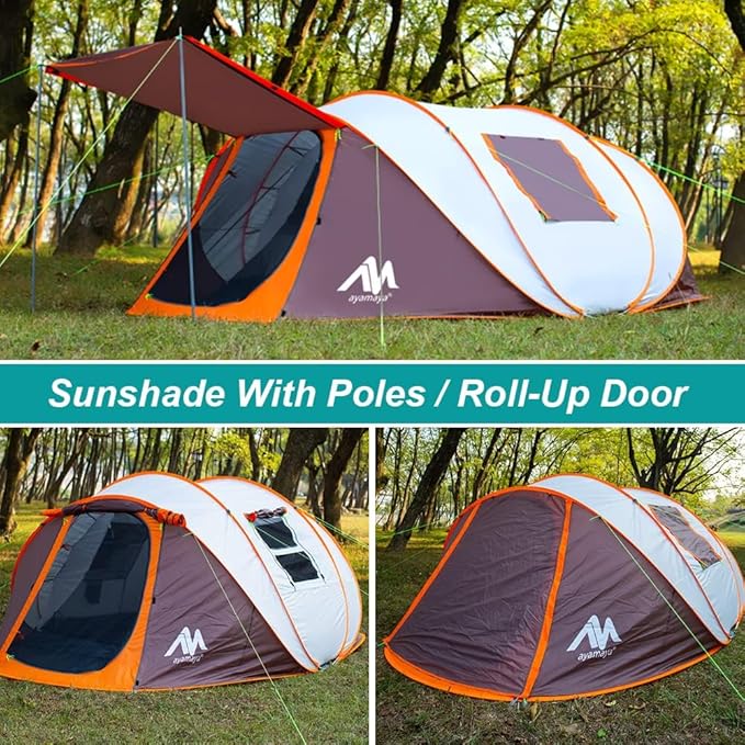 6 Person Easy Pop Up Tents for Camping - AYAMAYA Double Layer Waterproof Instant Tent with Vestibule & Porch, Large Size Family Tent Automatic Setup for 4-6 People Camping Hiking (Poles Included)