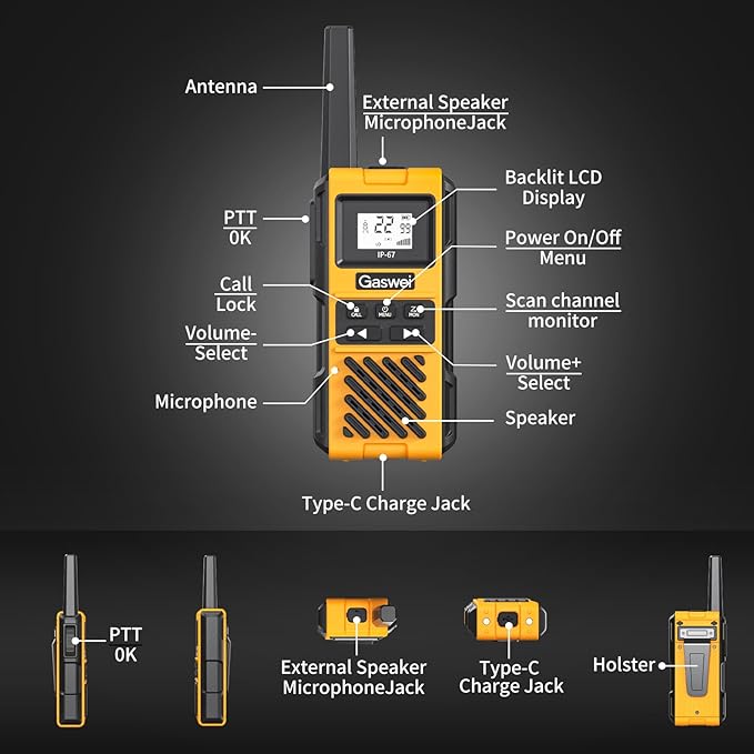 Gaswei G1pro Heavy Duty Walkie Talkies for Adults, Rechargeable Two Way Radios Long Range, 2 watt Emergency Radio, IP67 Waterproof, VOX,Rechargeable, Portable, FRS, Durable, USB Type-c (2 pack)
