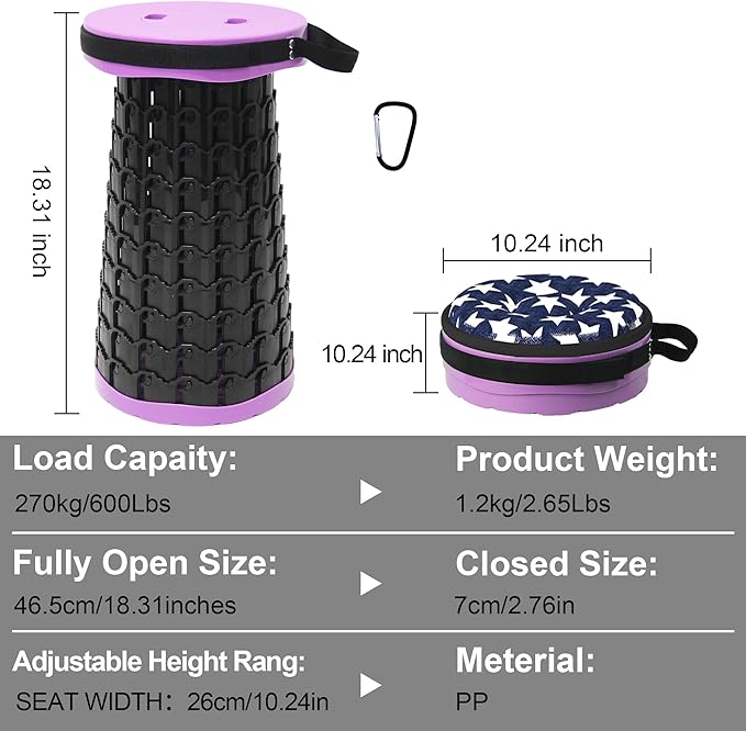 ALEVMOOM Collapsible Stool with Cushion, H18.1 D10.24 Portable Telescoping More Sturdy Load Capacity 600Lbs, Retractable Adjustable Camping Folding Stool for Outdoor Hiking BBQ Climb