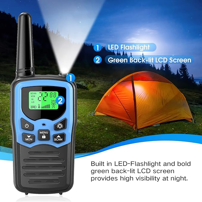 Walkie Talkies with 22 FRS Channels, MOICO Walkie Talkies for Adults with LED Flashlight VOX Scan LCD Display, Long Range Family Radios for Hiking Camping Trip (Blue, 4 Pack)