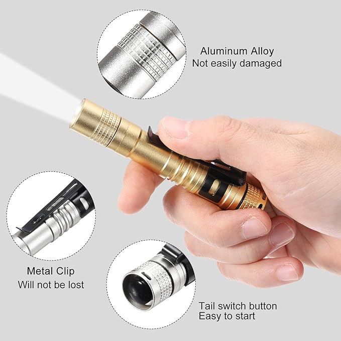 PATIKIL Mini Flashlight with Clip, Super Light Small LED Pen Flashlights Aluminum White Light Torch Battery Powered for Camping Hiking, Silver