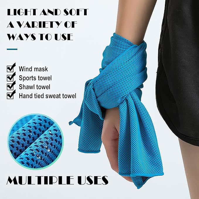 10 Pack Cooling Towels Bulk Microfiber Ice Towel Quick Dry Breathable Chilly Sweat Towel Stay Cool Towel for Neck Face Yoga Gym Workout Running Pilates Beach with Carabin Bag, 40x12'', Blue