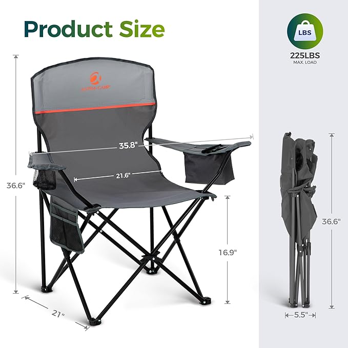 ALPHA CAMP Folding Camping Chairs for Adults Lawn Chairs Outdoor Chairs Support 250 LBS Portable Camp Chairs with Cup Holders Cooler Pouch for Outdoor, 2 Pack (Gray)