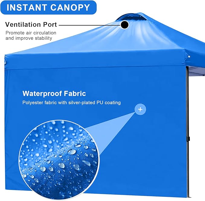 KAMPKEEPER 10x10 Pop Up Canopy Tent with 2 Sidewalls - Waterproof Outdoor Shelter for Sun Shade, Camping, Beach, Patio and Backyard Events, Blue