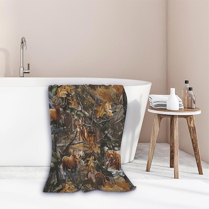 Camo Beach Towel Hunting Deer Bear, Aldult Quick Dry Camping Bath Towel, Absorbent Thin Lightweight Beach Blanket for Sports Travel Pool Swimming Bathroom 30 x 60 in