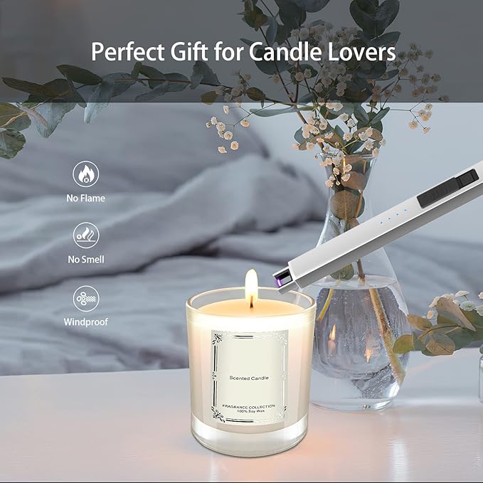 Lighter Electric Lighter Candle Lighter USB Lighter Rechargeable Lighter Arc Lighters for Candle Camping Family Use BBQs with LED Battery Display Safety Switch Flameless Windproof (Silver)