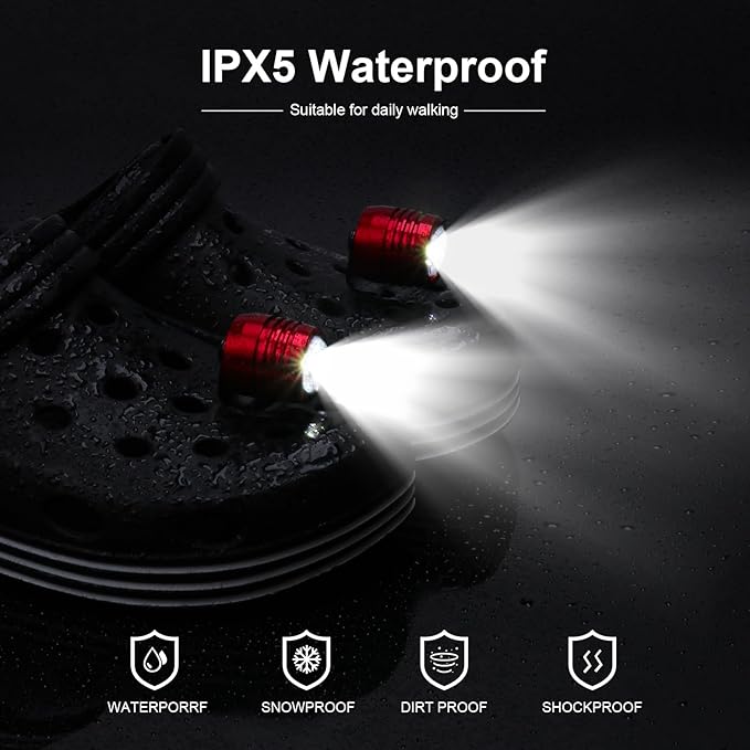 2 Rechargeable Headlights for Croc Charms, Flashlight Attachment Accessories Kids Girl Boy Women Men Sandals, Clip on Clog Headlamp Shoe Decoration Charms, Red