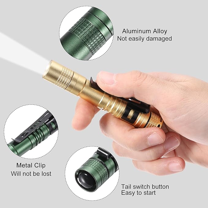 PATIKIL Mini Flashlight with Clip, Super Light Small LED Pen Flashlights Aluminum White Light Torch Battery Powered for Camping Hiking, Green