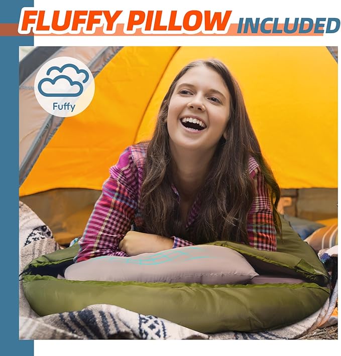 MEREZA 0 Degree Winter Sleeping Bag for Adults Kids with Pillow, Cold Weather Sleeping Bag for 4 Season Camping Hiking Backpacking Sleeping Bags for Big and Tall