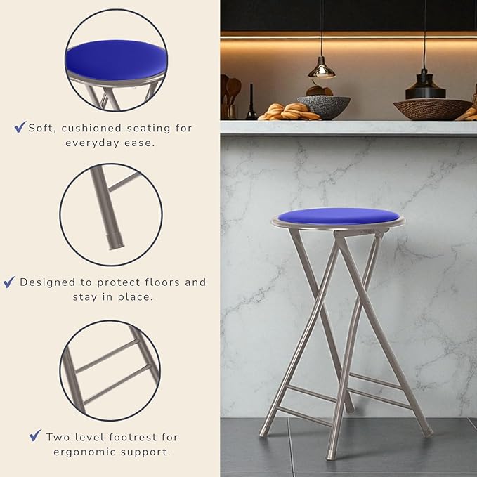 Lavish Home Folding Stool Set - Set of Two 24-Inch Padded Stools with 225lb Capacity for Kitchen, Dorm, or Rec Room - Portable Stools for Adults - Collapsible Sitting Stool Set for Seating (Blue)