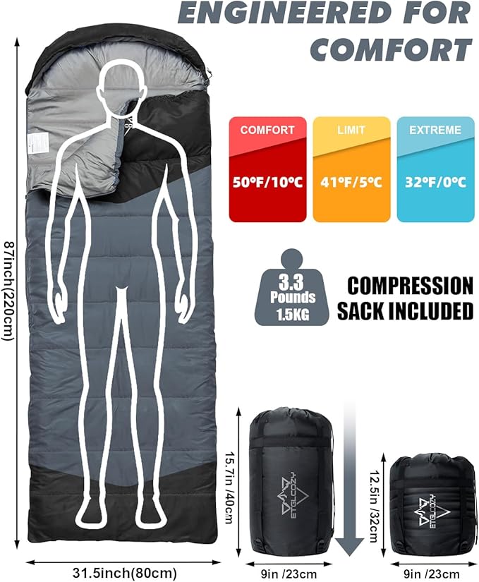 Sleeping Bag for Adults Cold Weather & Warm, Lightweight Backpacking Camping Hiking Essentials Gear for Kids 10-12 Girls Boys Compact w/Compression Sack Indoor Outdoor Sleep Must Haves