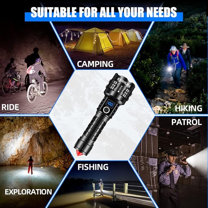 LED Flashlight with High Lumens, Super Bright Tactical Flashlight, High Powered Handheld Flashlight with 5 Modes for Emergency Camping Fishing Hiking, IPX67 Waterproof, Zoomable, Black