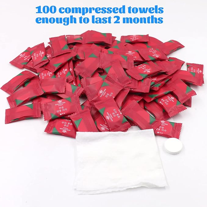 100 Pcs Mini Compressed Towels, Disposable Face Compressed Towel, Compressed Hand Wipe, Camping towel, Portable Compressed Coin Tissue for Travel/Home/Outdoor Activities (Individual packaging)
