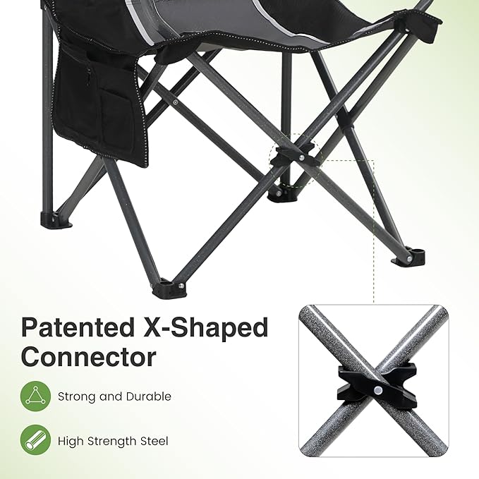 LET'S CAMP Oversized Outdoor Folding Camping Chair, 2 Pack Heavy Duty Arm Chairs with Cup Holder and Storage Bag, 350 LBS Weight Capacity, Grey