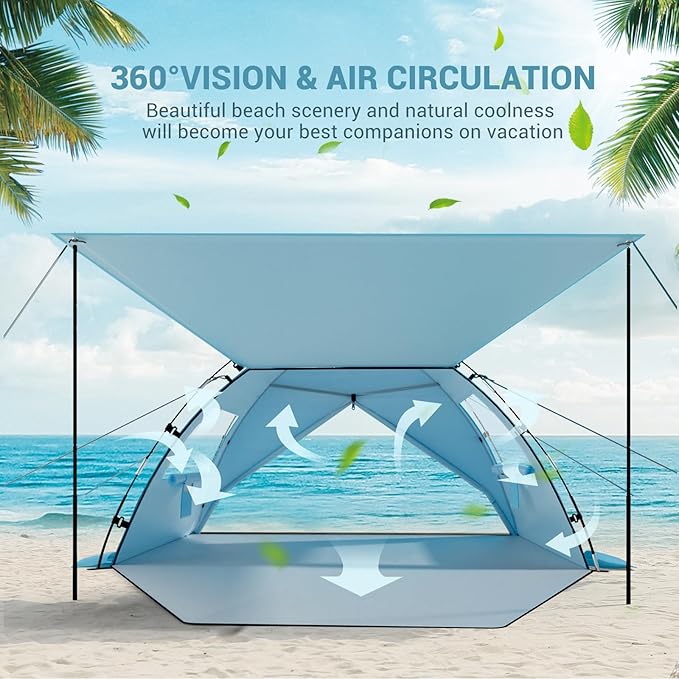 Elegear Beach Tent Sun Shelter with Canopy, 6-8 Person Beach Tent, Easy Setup UPF 50+ UV Protection Portable Lightweight Double Silver Coating Cabana Sun Shade Shelter - Sky Blue