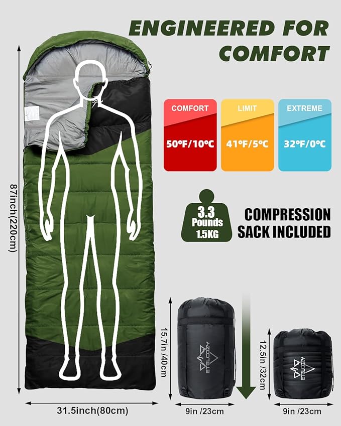 Sleeping Bag for Adults Cold Weather & Warm, Lightweight Backpacking Camping Hiking Essentials Gear for Kids 10-12 Girls Boys Compact w/Compression Sack Indoor Outdoor Sleep Must Haves