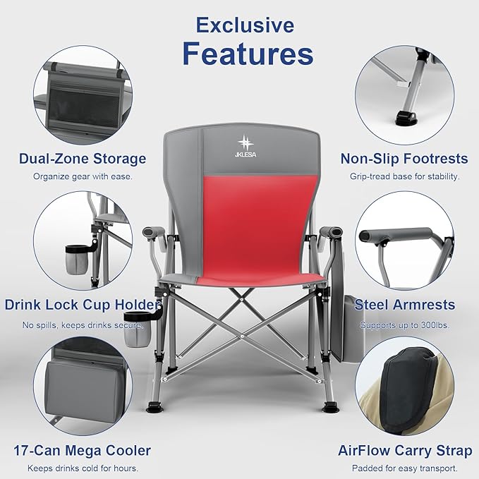 XL Heavy Duty Camping Chair 396lb Capacity (525lb MAX) - Waterproof 1680D Oxford - Oversized 2" Thick Padded Seat with Cup Holder & Cooler - Portable for Camping, Beach, Tailgating Slate/Red