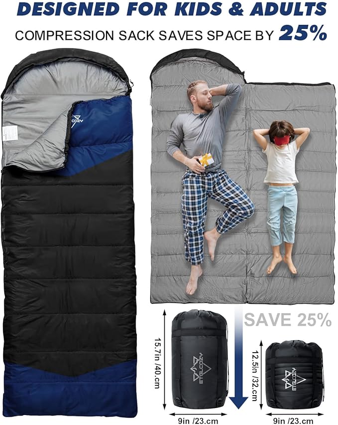 Sleeping Bag for Adults Cold Weather & Warm, Lightweight Backpacking Camping Hiking Essentials Gear for Kids 10-12 Girls Boys Compact w/Compression Sack Indoor Outdoor Sleep Must Haves