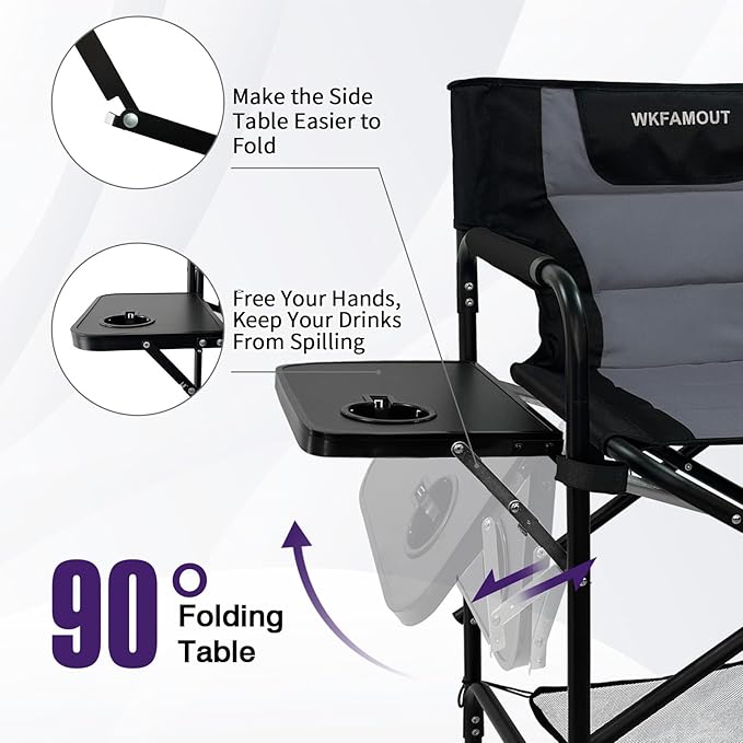 Tall Folding Directors Chair with Side Table 30.71" Seat Height Foldable Camping Chair Bar Stool for Makeup Artist Face Painting with Footrest and Storage Pocket Supports 350LBS