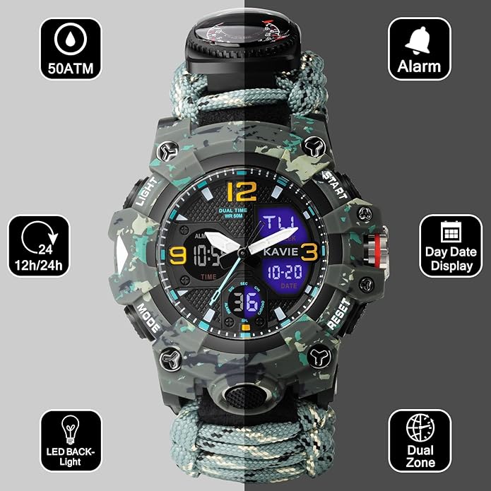 23-in-1 Survival Military Digital Watch, Mens Tactical Multi-Functional and Adjustable Wristband Outdoors Waterproof Sports Dual Dial Watches with Compass Paracord Band