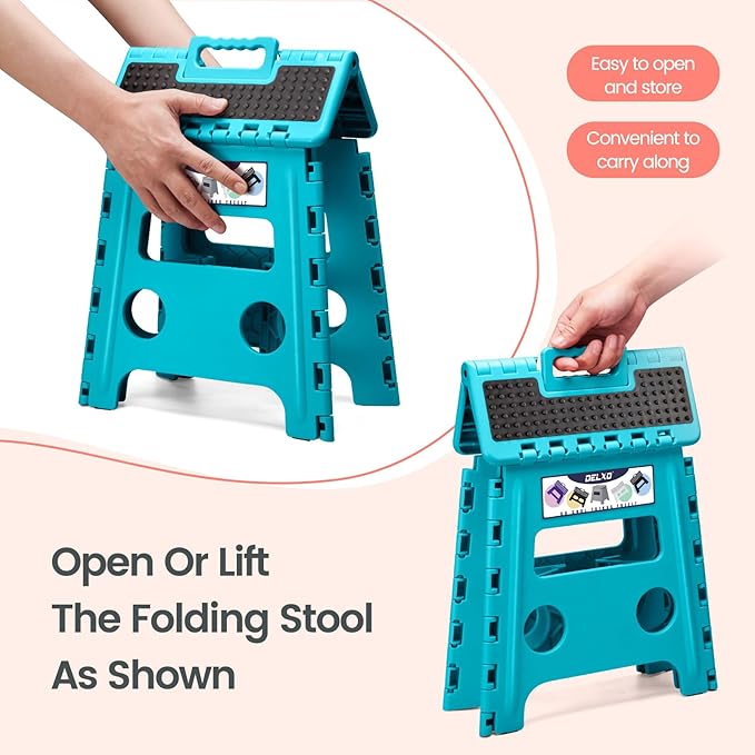 Delxo Folding Step Stool 13 Inch Non-Slip Foldable Stools for Kids & Adults Up to 300 LBS Kitchen Collapsible Fold Up Stepping Stool with Dotted 1 Pack Blue