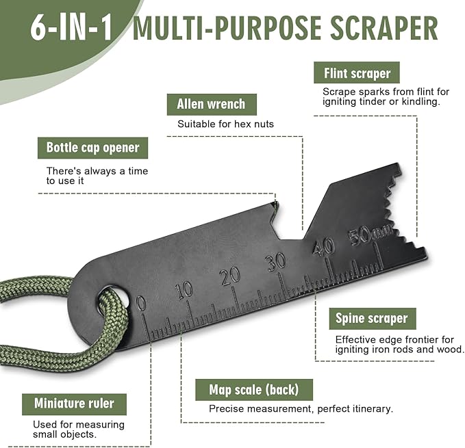 Flint Fire Starter, Outdoor Fire Starter Survival Tool, Flint and Steel Fire Starter Kit, with Compass, Whistle, Tinder Rope, Suitable for Camping, Emergencies