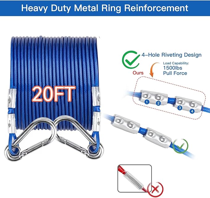 Dog Tie Out Cable and Stake,with 20FT Heavy Duty Cable,Dog Stake Allows Dogs Up to 200 lbs, Dog Stakes for Outside Beach,Camping, Yard, 360° Swivel Dog Anchor…