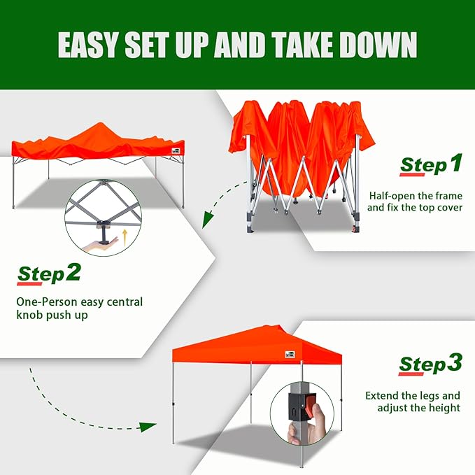 Eurmax USA NOMATTER ONE-Person Open&Close 10x10ft Pop Up Canopy Tent,Portable Shelter Canopy for Outdoor Events,Instant Canopies, Temporary Sunshade,Bonus 4 Sand Bags(Hi-Vis Orange)