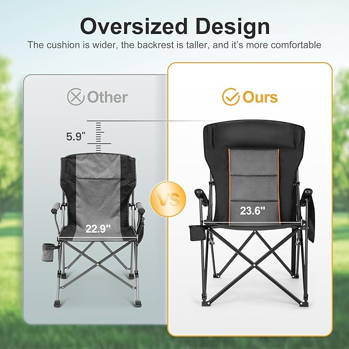 LET'S CAMP Oversized Camping Chairs 29.52" High Back Heavy Duty Lawn Chair Support 500LBS, Portable Collapsible Chair with Cup Holder, Side Pocket,2 Pack(Black)