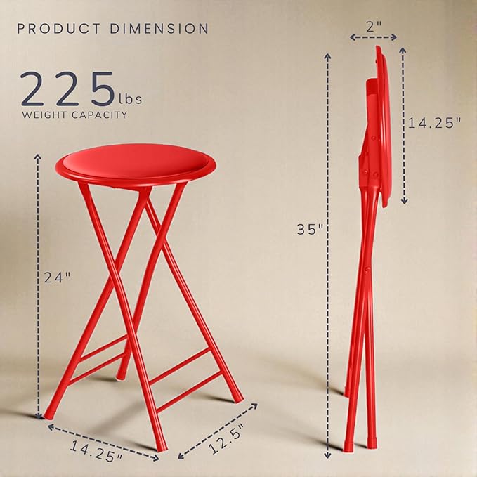 Lavish Home Folding Stool Set - Set of Four 24-Inch Padded Stools with 225lb Capacity for Kitchen, Dorm, or Rec Room - Portable Stools for Adults - Collapsible Sitting Stool Set for Seating (Red)