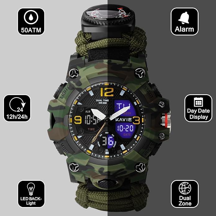 23-in-1 Survival Military Digital Watch, Mens Tactical Multi-Functional and Adjustable Wristband Outdoors Waterproof Sports Dual Dial Watches with Compass Paracord Band