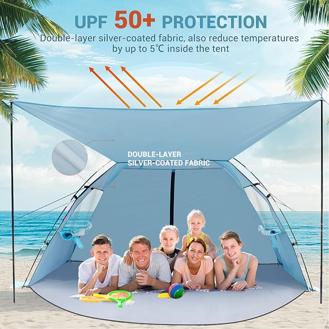 Elegear Beach Tent Sun Shelter with Canopy, 6-8 Person Beach Tent, Easy Setup UPF 50+ UV Protection Portable Lightweight Double Silver Coating Cabana Sun Shade Shelter - Sky Blue