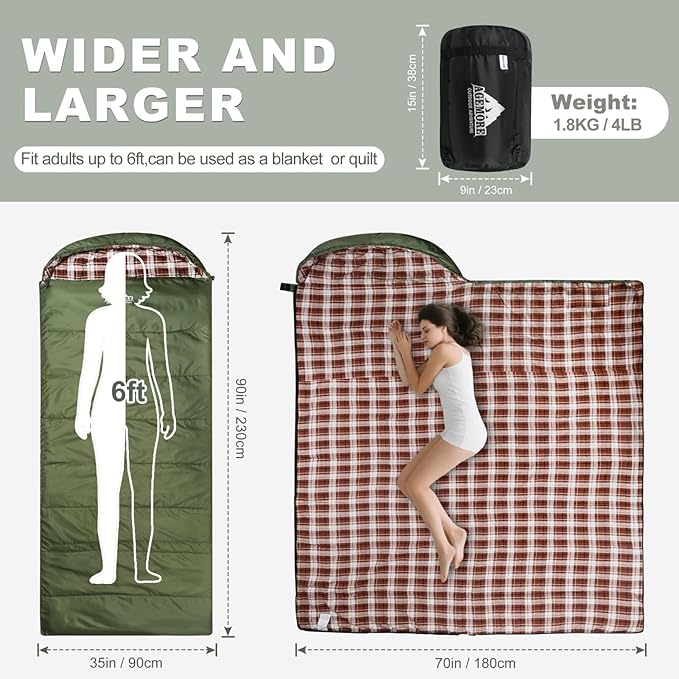 AGEMORE Cotton Flannel Sleeping Bag for Adults, Lightweight XXL Cotton Sleeping Bag for Camping Backpacking or Hiking, Water Resistant 3-4 Season Sleeping bag for Warm & Cool Weather